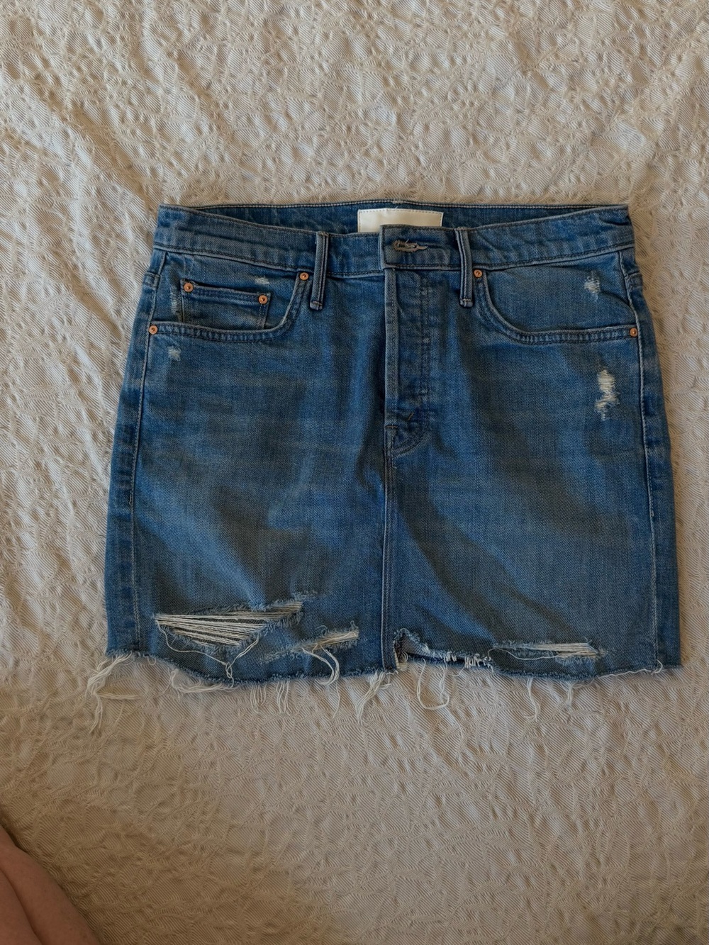 MOTHER Blue Distressed Denim Mini Skirt - The Vagabond Fray Mini